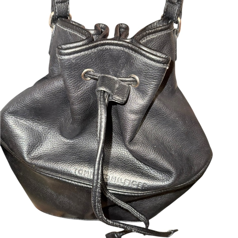 Tommy Hilfiger Black Bucket Leather Hobo Bag- Red Interior